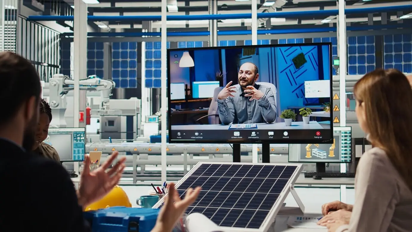 Investigadores de una planta fotovoltaica realizando una videollamada para optimizar la producción de energía.
