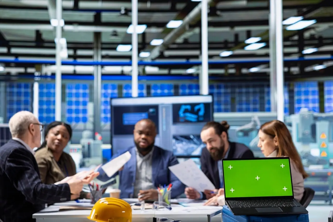 Los accionistas de la fábrica revisan métricas de salud del sistema con un portátil de maqueta.
